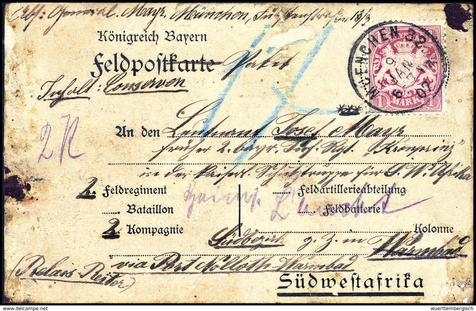 1907, Bayern 1 Mk. Violett, Einzelfrankatur Auf Provisor. Feldpost-Paketkarte Mit K1 MUENCHEN 32. 9/1 07 Nach Warmbad, L - Autres & Non Classés