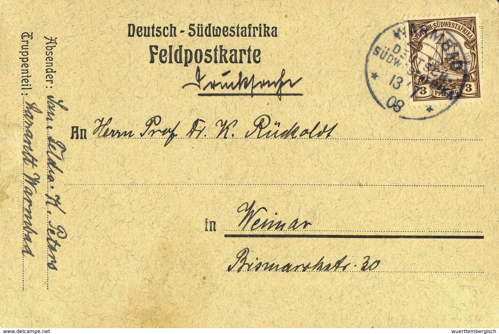 Beleg WARMBAD 13/7 08, Klar Auf Seltenem, Vermutlich In Der Kolonie Gedrucktem Feldpostkarten-Formular Als Drucksache Na - Other & Unclassified