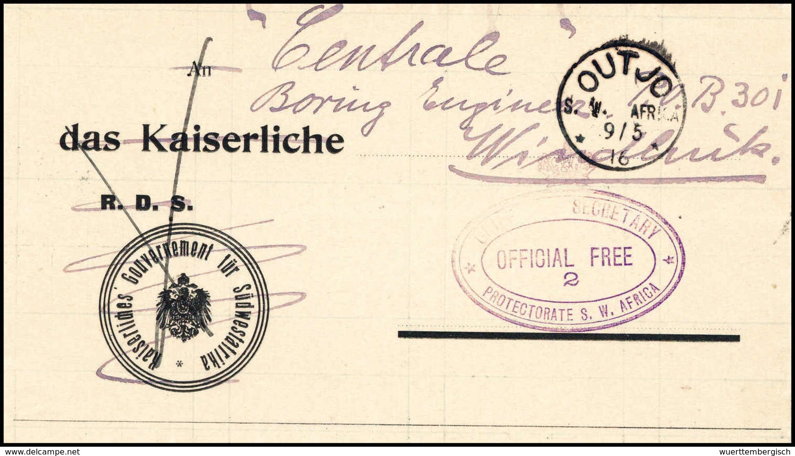 Beleg OUTJO S.W.AFRICA 9/5 16, Klarer Und Voller Abschlag Auf Tadelloser Vordruck-Dienstsache Nach Windhuk. Stempel-Selt - Autres & Non Classés