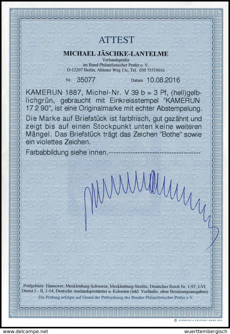 Briefst. 3 Pfg., Schönes Bfstk. Mit Sauber Aufges. Stempel KAMERUN 17/2 90 (Marke Mit Einigen Farbfreien Stellen Und Unt - Sonstige & Ohne Zuordnung