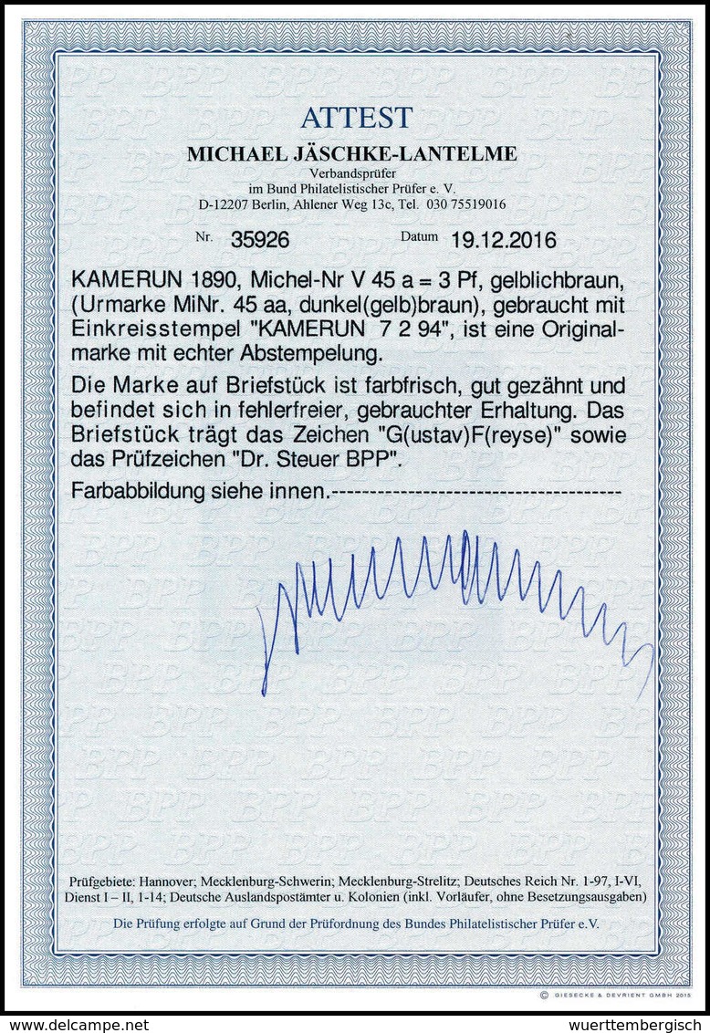 Briefst. 3 Pfg., Tadelloses Bfstk. Mit Klarem Und Genau Zentr. Stempel KAMERUN 1/2 94. Seltene Farbe (Urmarke Mi.45aa),  - Other & Unclassified
