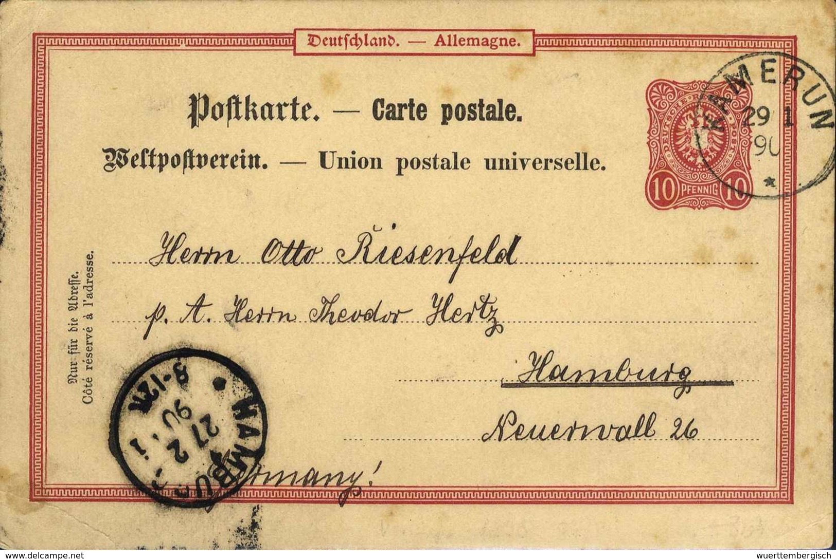 Beleg 10 Pfg., Aufbrauch-Postkarte Mit Stempel KAMERUN 29/1 90 Nach Hamburg Mit Ak.-Stempel. Ganzsachen Der 10-Pfg.-Wert - Sonstige & Ohne Zuordnung