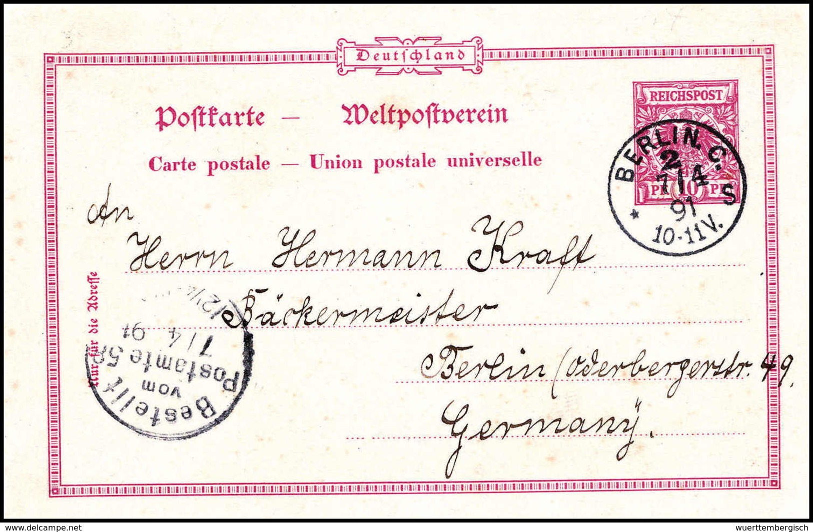 Beleg Hofpostamts-Inhaltskarte: "Kamerun 28/2 91", Hs. Auf Tadelloser Postkarte Krone/Adler 10 Pfg. Nach Berlin. Als Sam - Other & Unclassified