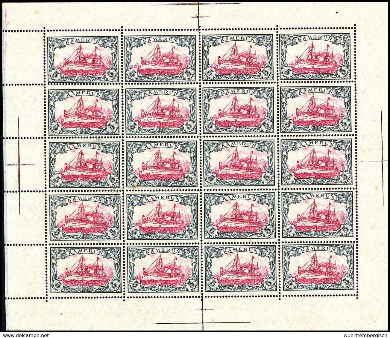 ** 5 Mk., Postfr., 1x Gef. Originalbogen Zu 20 Marken (teils Kl. Fleckchen).<br/><b>Katalogpreis: 2.400,-</b> (Michel: 2 - Sonstige & Ohne Zuordnung