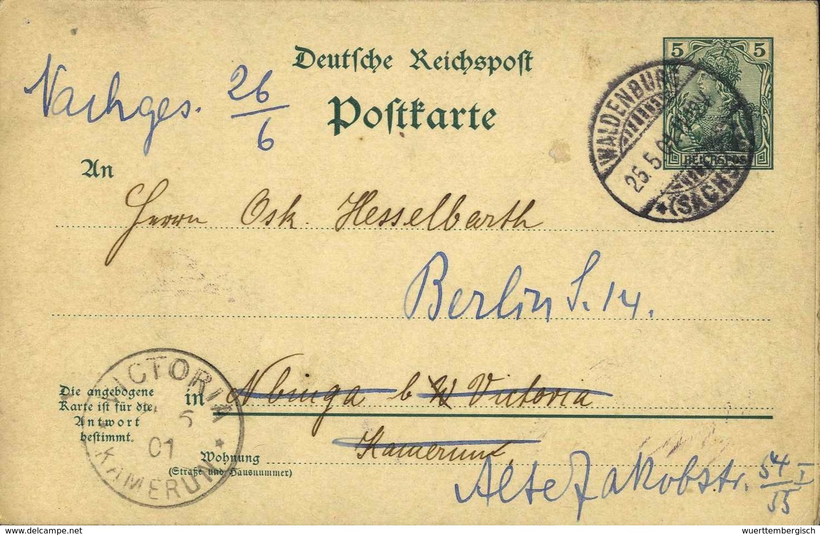 Beleg 1901, Germania-Doppelkarte 5/5 Pfg. Von Dtld. Nach Nbinga Mit Ak.-Stempel VICTORIA 21/6 01, Fünf Tage Später Dem E - Autres & Non Classés