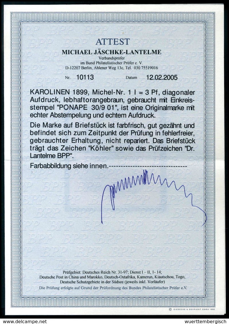 Briefst. 3 Pfg., Tadelloses Bfstk. Mit Zentr. Aufges. Stempel PONAPE 30/9 01, Sign. Lantelme BPP, Fotoattest Jäschke-L.B - Other & Unclassified