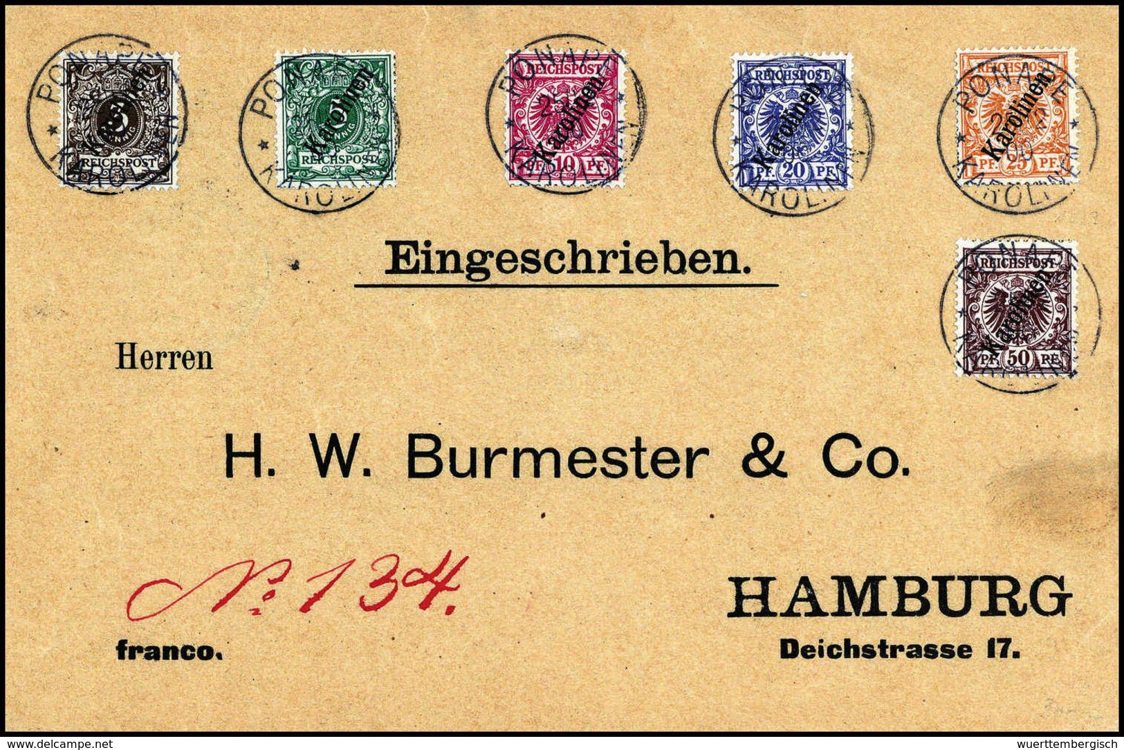 Beleg 3-50 Pfg., Tadellose Serie Auf Besonders Schönem Vordruck-Einschreibebrief Mit Stempel PONAPE 25/12 00. Mangels Ei - Other & Unclassified