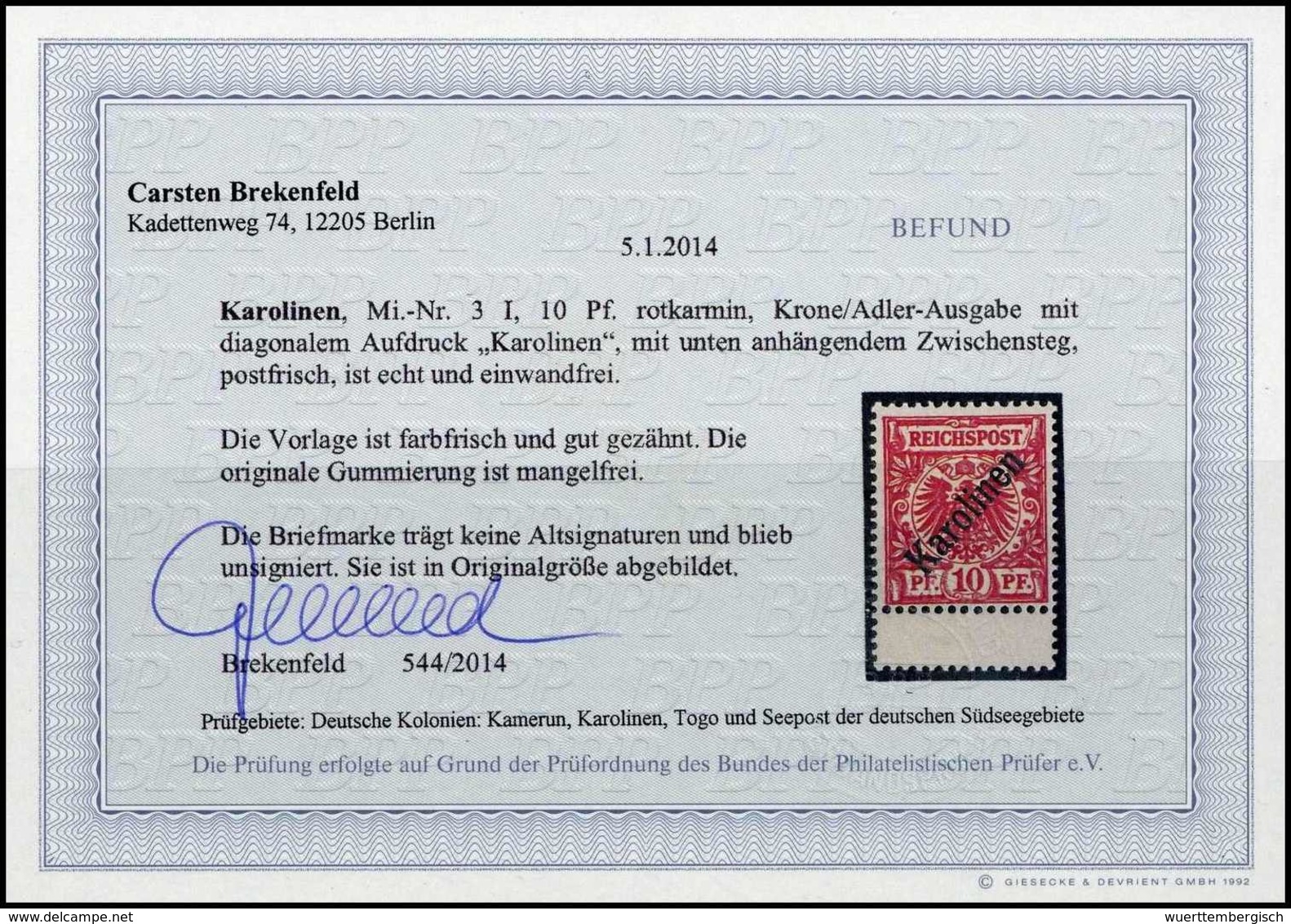 ** 10 Pfg., Tadellos Postfr., Unten Mit Anhäng. Zwischensteg, Fotobefund Brekenfeld BPP.<br/><b>Katalogpreis: 245,-</b>  - Other & Unclassified