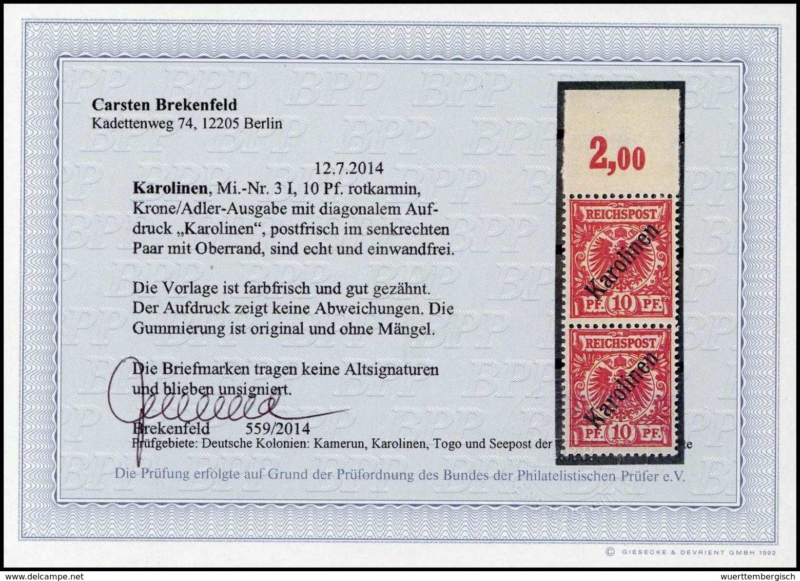 ** 10 Pfg., Tadellos Postfr. Oberrandpaar, Fotobefund Brekenfeld BPP.<br/><b>Katalogpreis: 400,-</b> (Michel: 3I(2)) - Autres & Non Classés