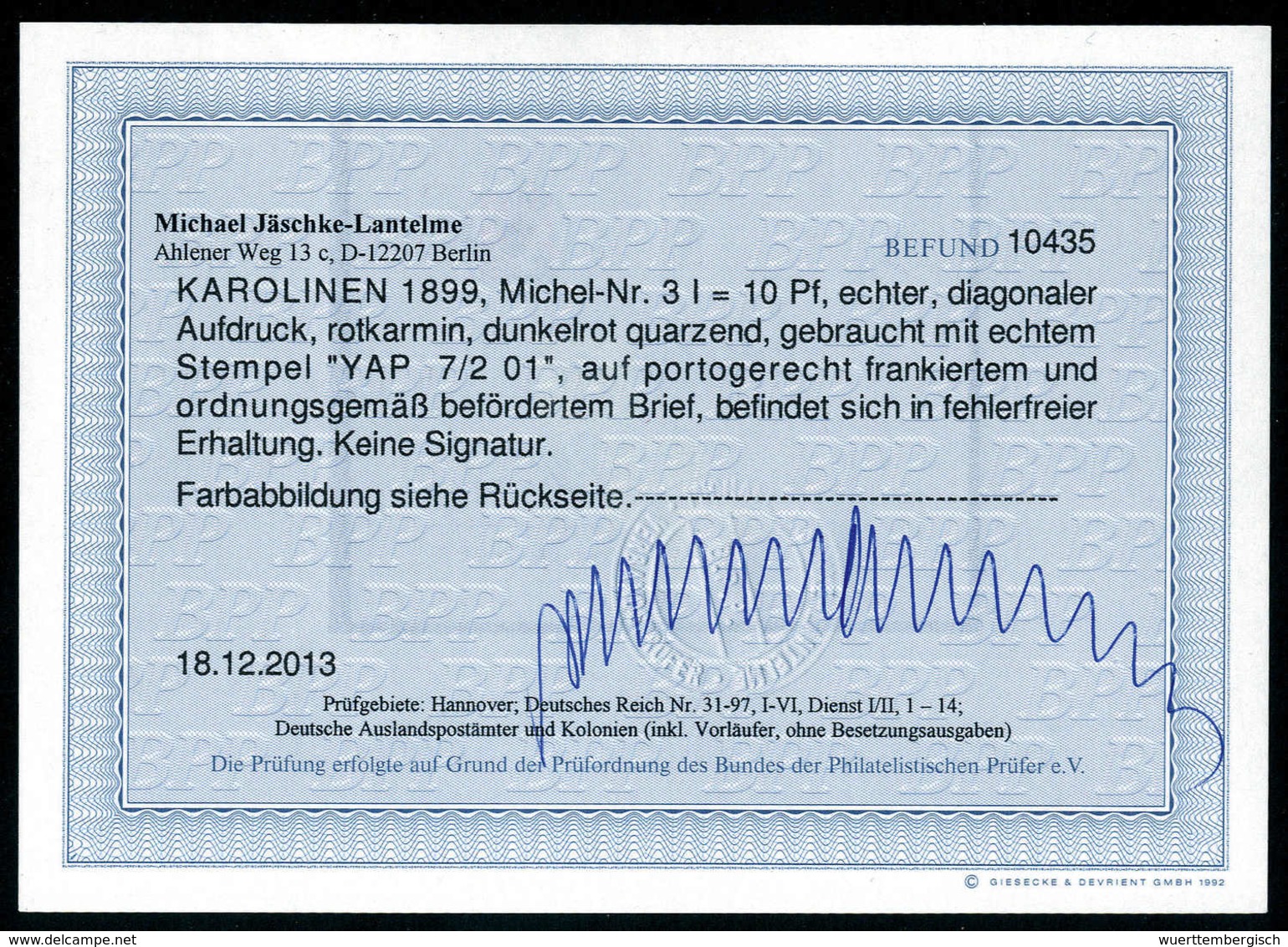 Beleg 10 Pfg., Tadelloser Brief Mit Genau Zentr. Stempel YAP 7/2 01 Nach Hamburg Mit Eingangsstpl., Fotobefund Jäschke-L - Other & Unclassified