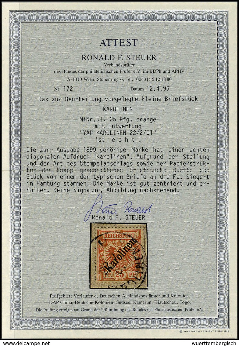 Briefst. 25 Pfg., Tadelloses Bfstk. Mit Stempel YAP 22/2 01. Kolonial-Seltenheit, Fotoattest Steuer BPP.<br/><b>Katalogp - Altri & Non Classificati