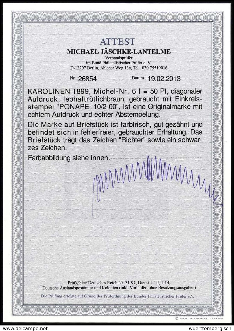 Briefst. 50 Pfg., Tadelloses Und Besonders Schönes Bfstk. Mit Genau Zentr. Und Gerade Aufges. Stempel PONAPE 10/2 Oo. Fü - Altri & Non Classificati