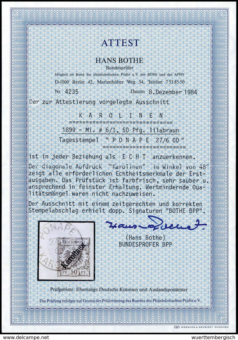 Briefst. 50 Pfg., Tadelloses Bfstk. Mit Klarem Stempel PONAPE 27/6 00. Schönes Exemplar Dieser Seltenen Marke, Fotoattes - Sonstige & Ohne Zuordnung