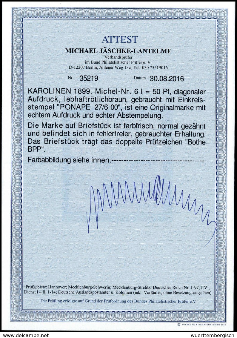 Briefst. 50 Pfg., Tadelloses Bfstk. Mit Klarem Stempel PONAPE 27/6 00. Schönes Exemplar Dieser Seltenen Marke, Fotoattes - Autres & Non Classés