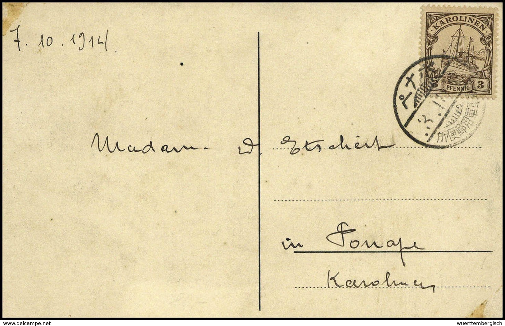 Beleg 3 Pfg. Auf Erinnerungs-Ansichtskarte, Datiert "7.10.1914" Mit Japanischem Stempel. (Michel: 7) - Autres & Non Classés