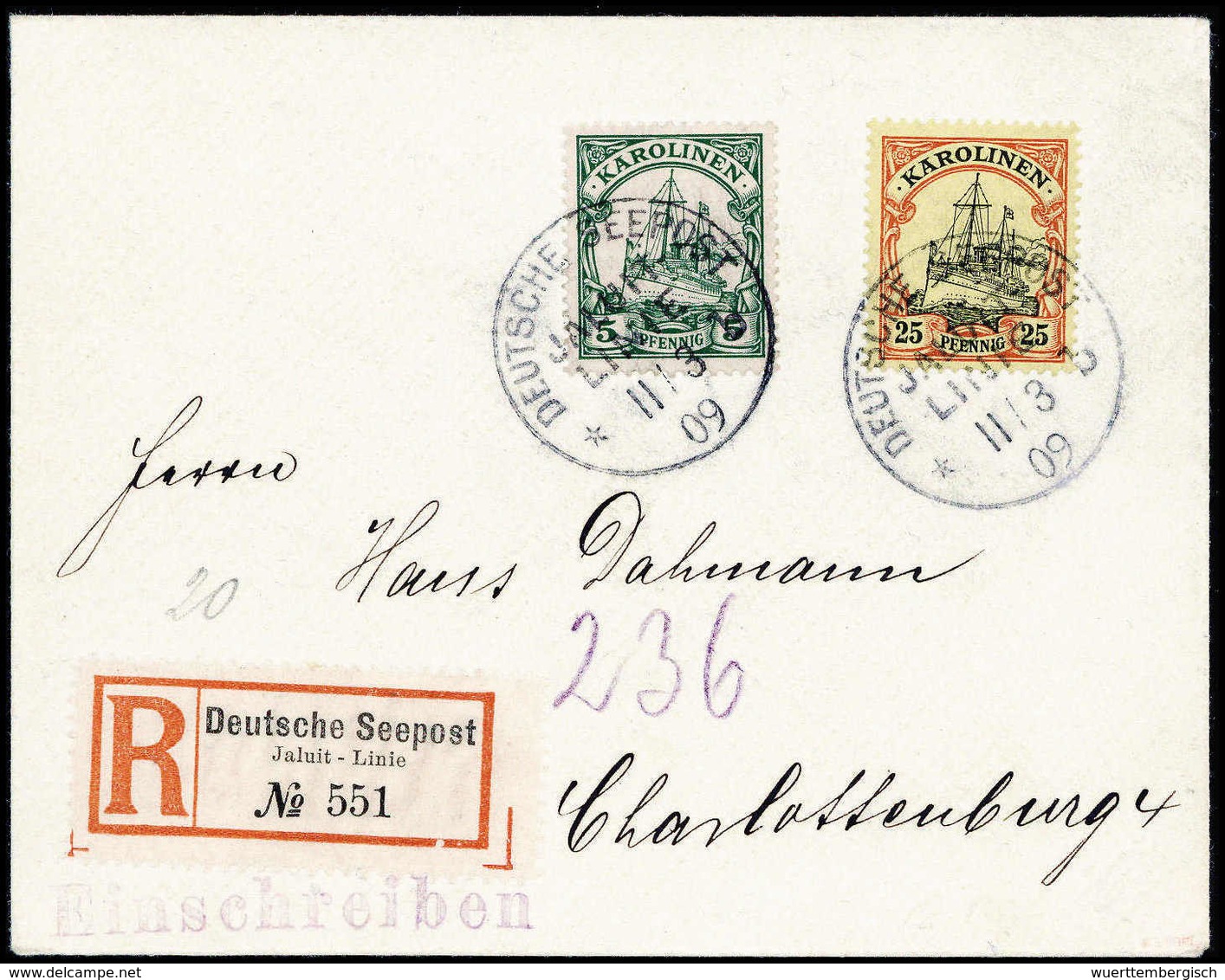 Beleg 5 Pfg. Mit 25 Pfg. Auf Tadellosem Seepost-Einschreibebrief Nach Dtld., Klare Stempel JALUIT-LINIE "b" 11/3 09. Als - Other & Unclassified