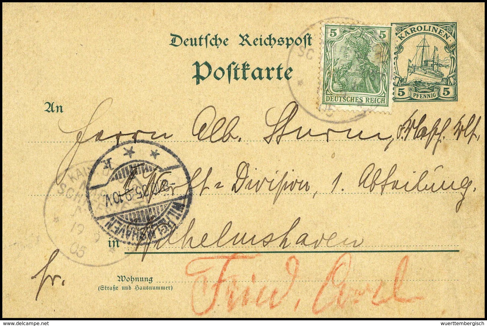 Beleg 5 Pfg., Unentwertete Postkarte Nach Wilhelmshaven, Nachfrankiert Mit Germania 5 Pfg. Und Marine-Schiffpoststempel  - Autres & Non Classés