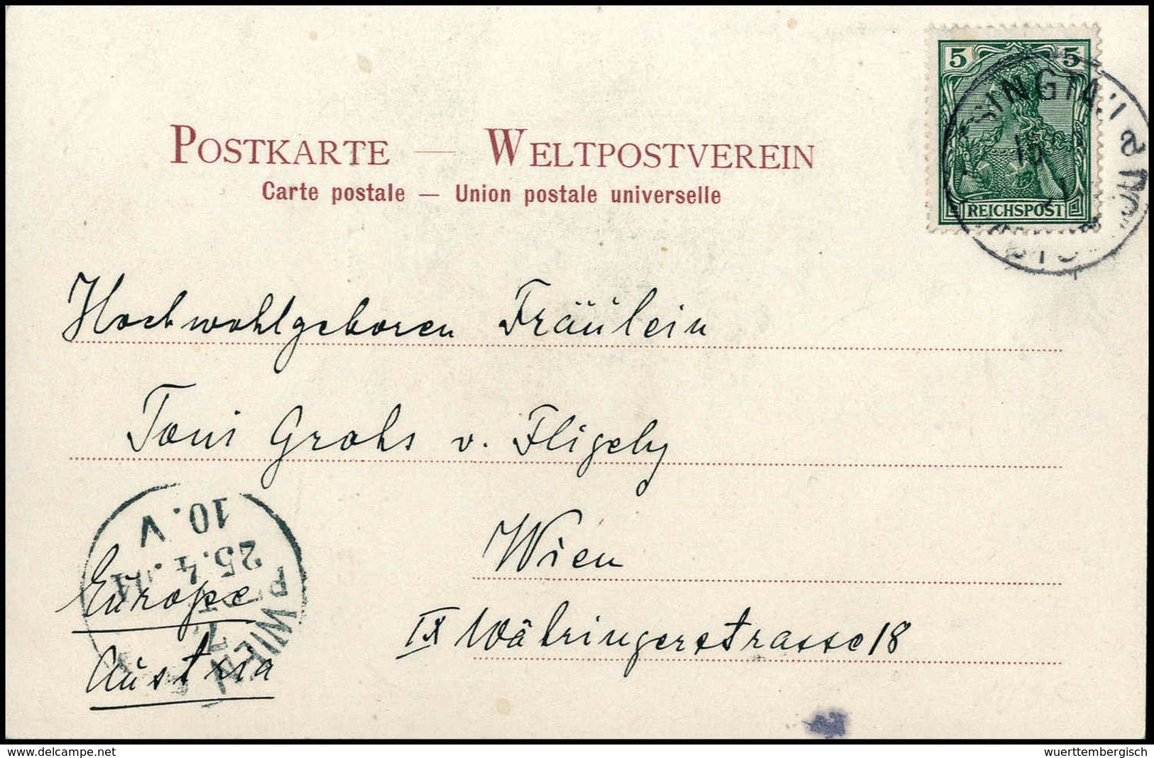 1901, Germania Reichspost-Petschili 5 Pfg., Tadelloses Exemplar Als Einzelfrankatur Auf Schöner Postkarte Nach Wien (rs. - Autres & Non Classés