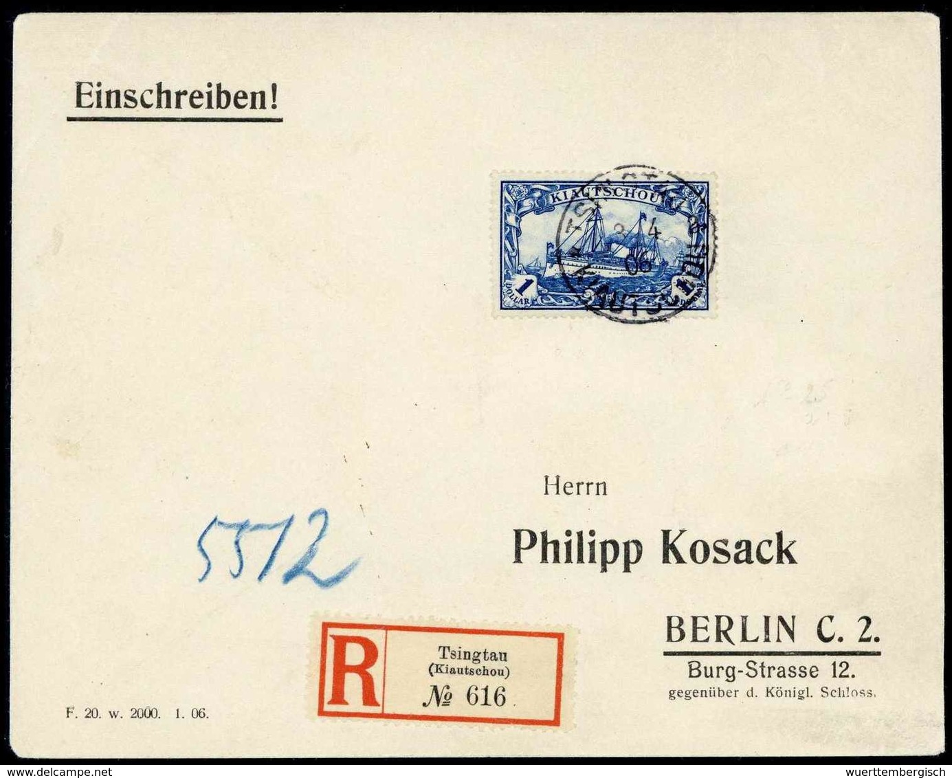 1 $, Einzelfrankatur Auf Schönem Vordruck-Einschreibebrief Nach Berlin, Klarer Stempel TSINGTAU "a" 3/4 06. (Michel: 25A - Sonstige & Ohne Zuordnung