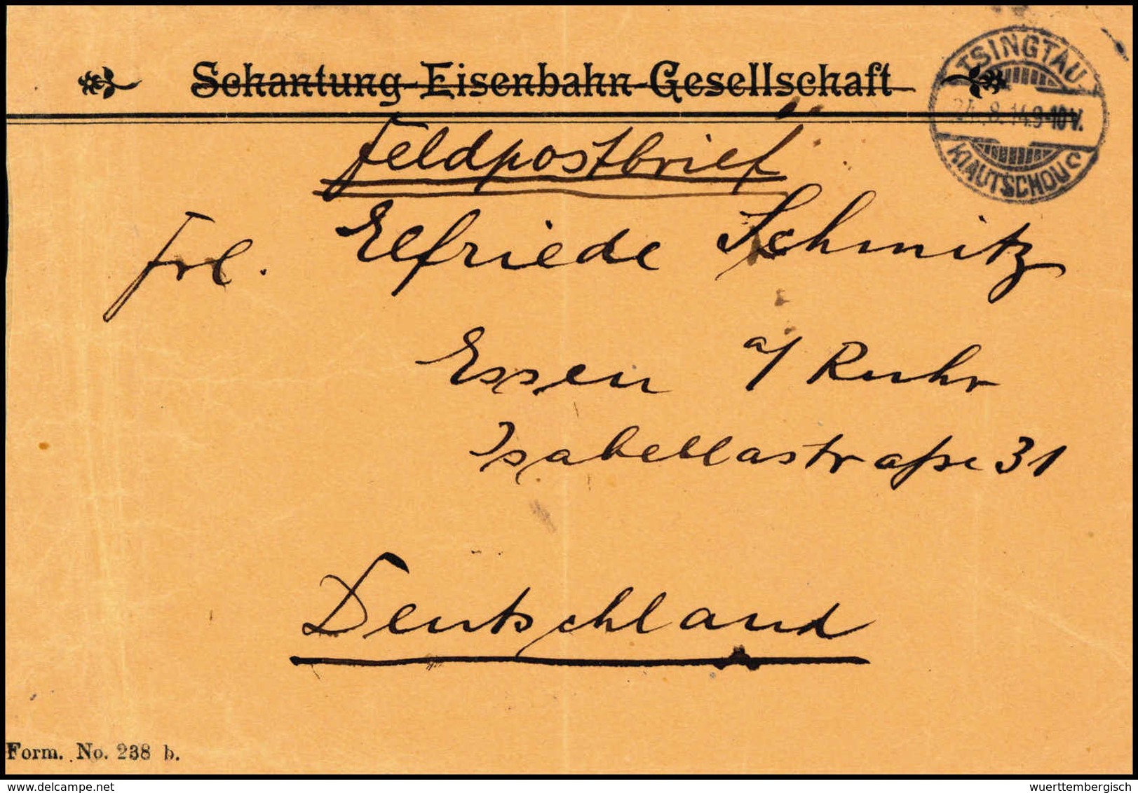 Beleg TSINGTAU 24/8 14, Klar Auf Als Feldpostbrief Verwendetem Vordruckumschlag "Shantung Eisenbahn-Gesellschaft" Nach D - Altri & Non Classificati