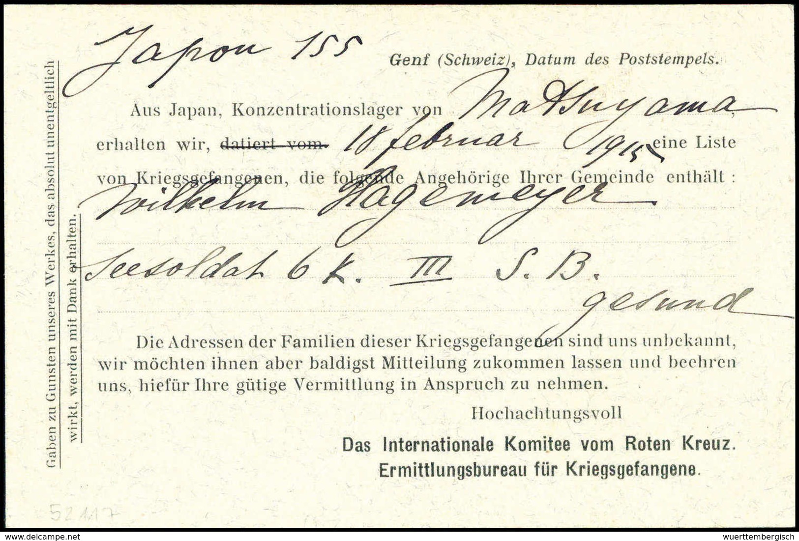 Beleg MATSUYAMA 1915, Seltene Vordruck-Benachrichtigungskarte Des Roten Kreuzes In Genf. - Autres & Non Classés