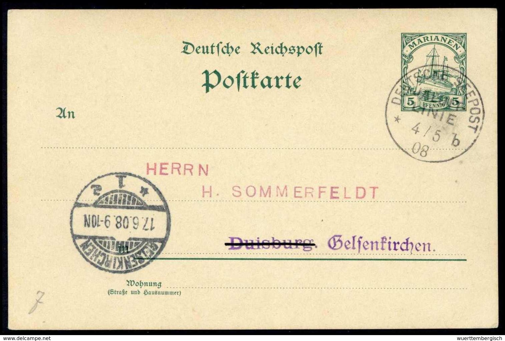 Beleg Postkarte 5 Pfg. (o.Text) Mit Klarem Stempel SEEPOST JALUIT-LINIE "b" 4/5 08 Nach Dtld. (Michel: P5) - Altri & Non Classificati