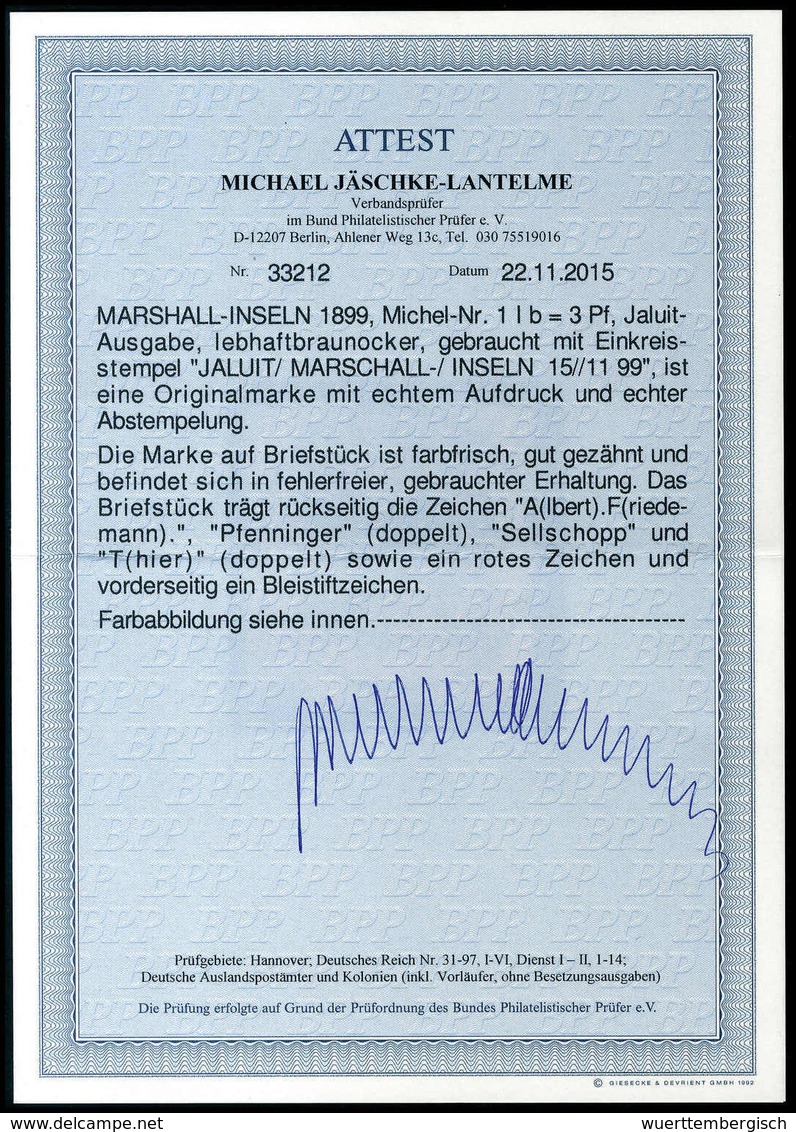 Briefst. 3 Pfg. Lebhaftbraunocker, Tadelloses Bfstk. Mit Zentr. Und Gerade Aufges. Stempel JALUIT MARSCHALL-INSELN 15/11 - Autres & Non Classés