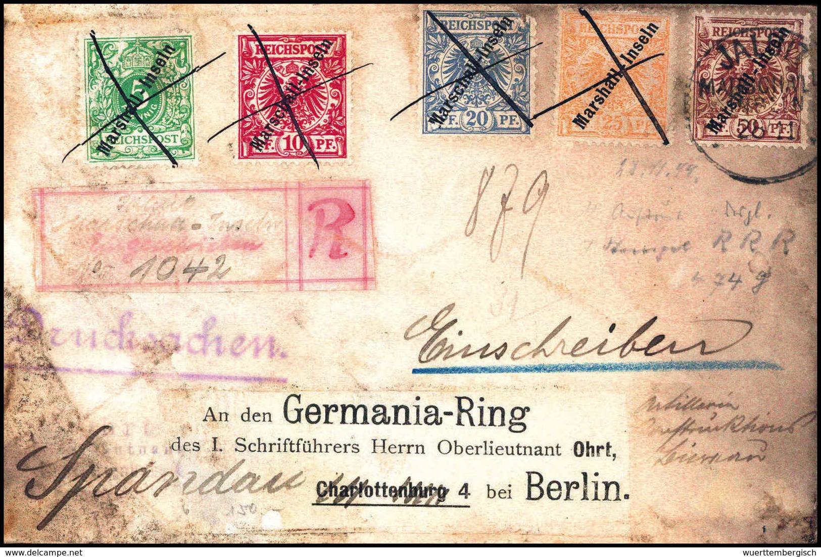 Beleg 10 Und 20 Pfg. In Mischfrankatur 1899, 5, 20 Und 50 Pfg. Auf Stark Fehlerhafter Postkarte Mit Provisor. R-Zettel " - Autres & Non Classés