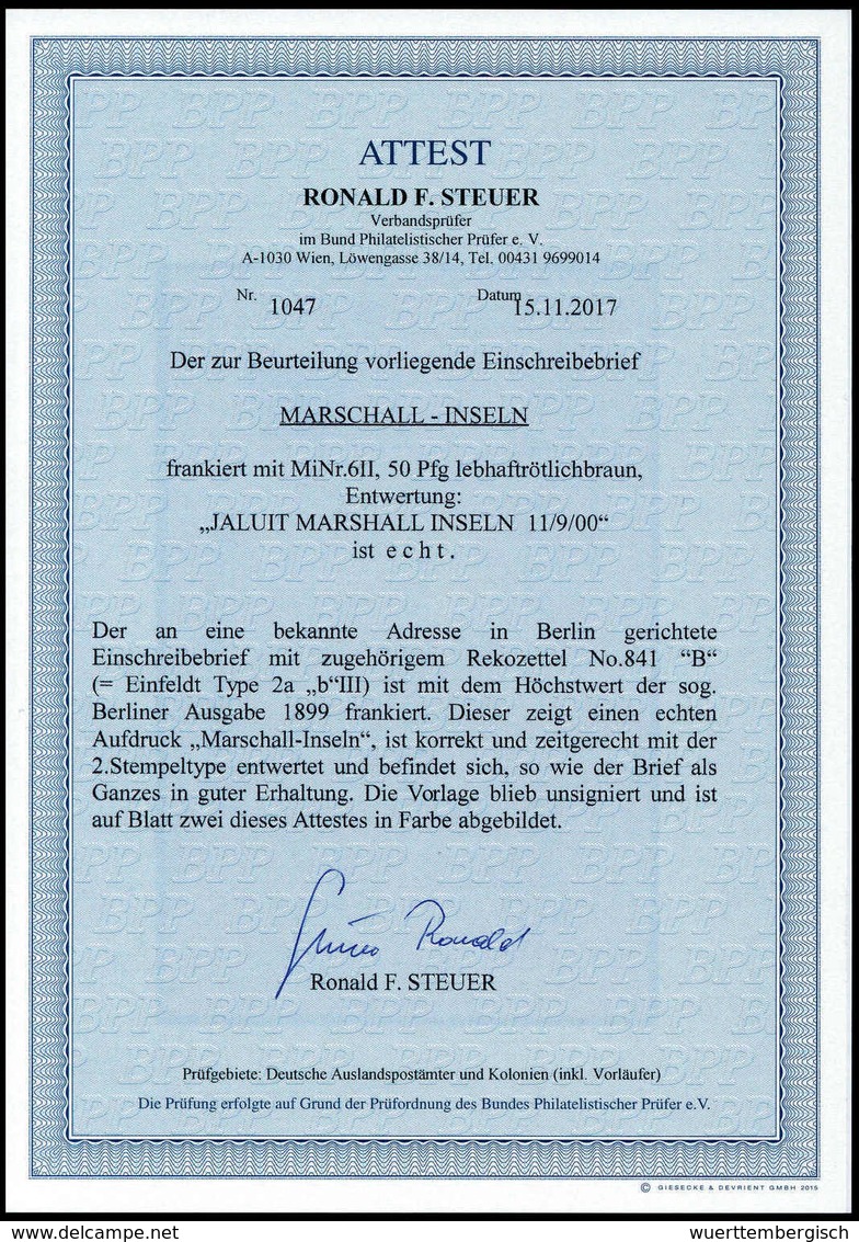 Beleg 50 Pfg., Tadelloser, Besonders Schöner Vordruck-Einschreibebrief Mit Klarem, Zweitem Stempel JALUIT 11/9 00, Fotoa - Other & Unclassified