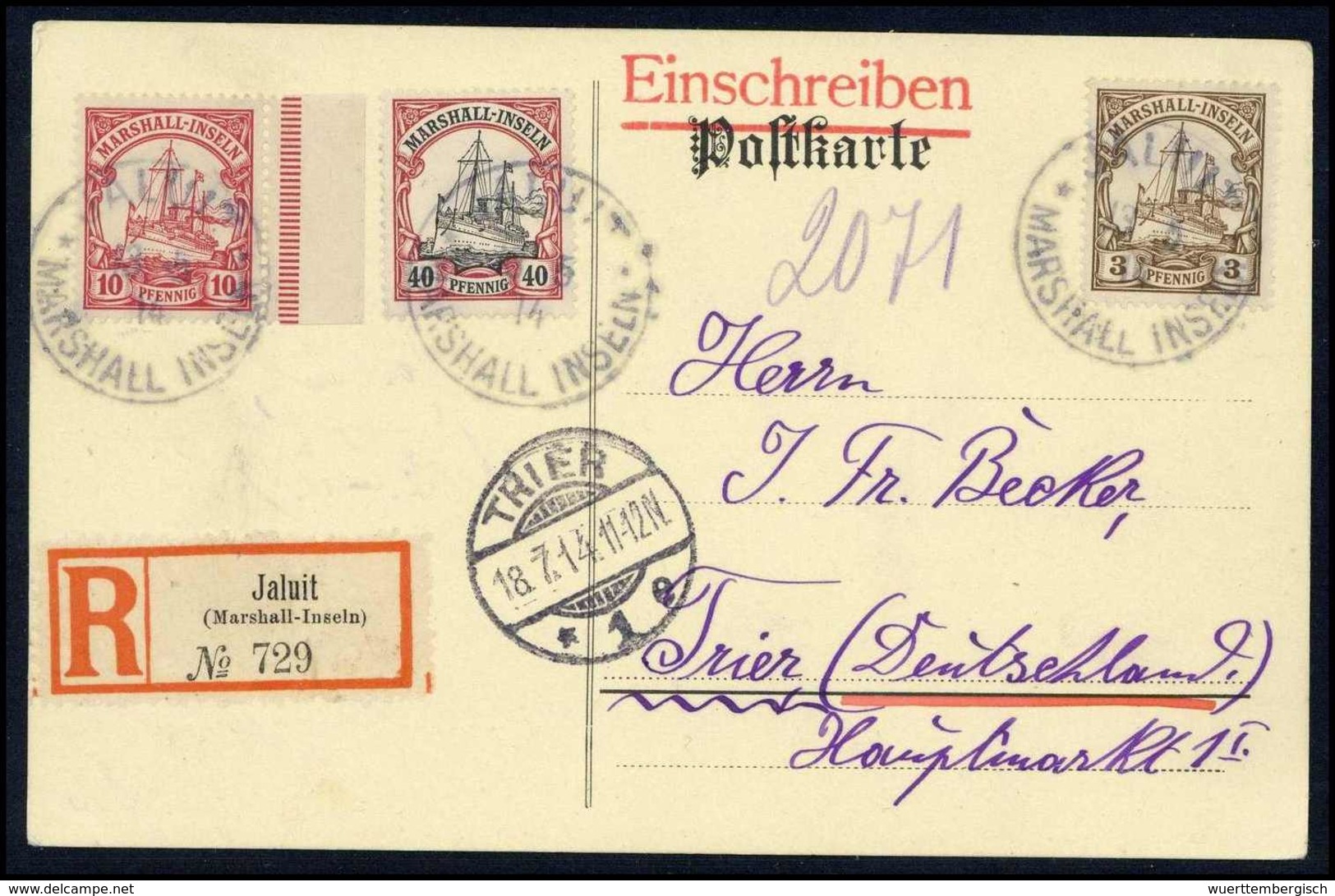 Beleg 3, 10 Und 40 Pfg. Auf Schöner Einschreibe-Postkarte (o.Text) Mit Stempel JALUIT 13/5 14 Nach Trier Mit Ak.-Stempel - Other & Unclassified