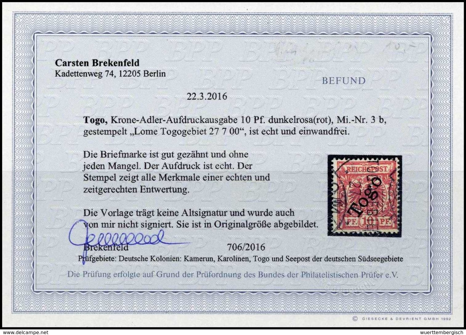 Gest. 10 Pfg., Tadellos Gestplt., Fotobefund Brekenfeld BPP.<br/><b>Katalogpreis: 200,-</b> (Michel: 3b) - Other & Unclassified