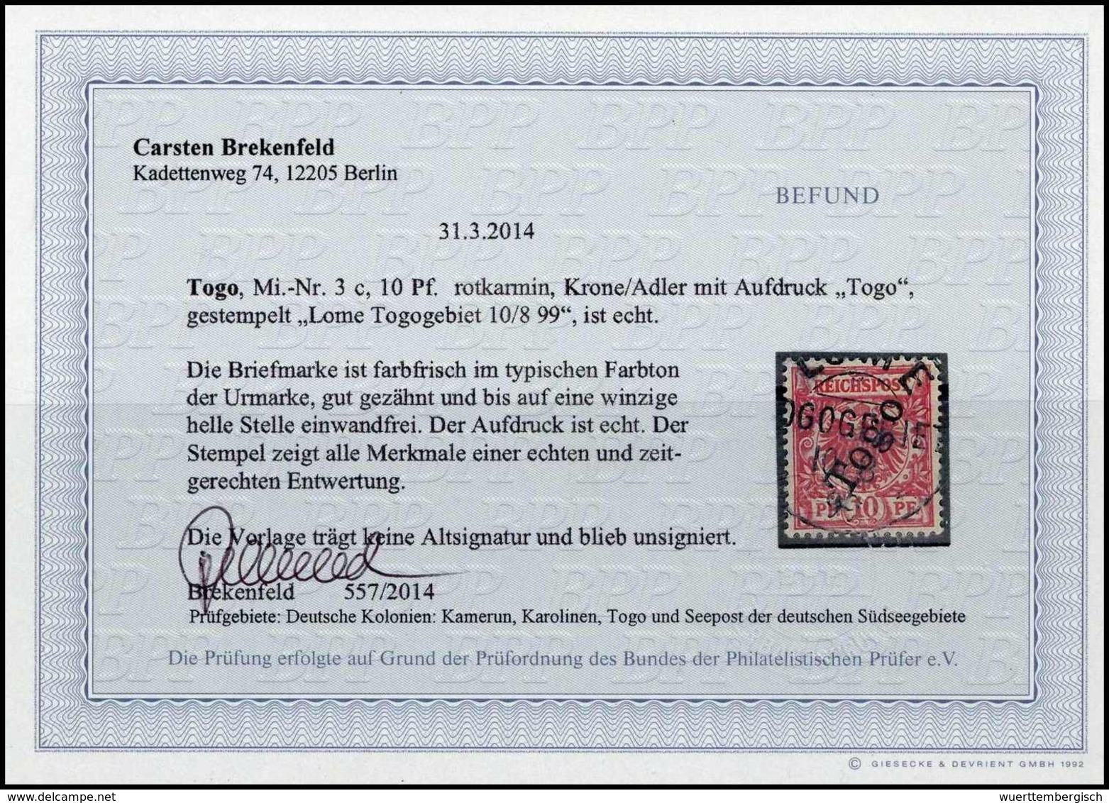 Gest. 10 Pfg., Sauber Gestplt. (kl. Aufrauhung), Fotobefund Brekenfeld BPP.<br/><b>Katalogpreis: 240,-</b> (Michel: 3c) - Sonstige & Ohne Zuordnung