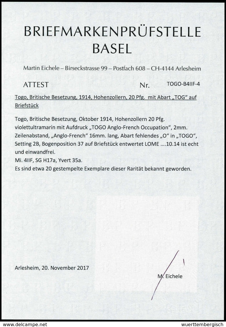 Briefst. Aufdruckfehler TOG: 20 Pfg., Aufdruckfehler: Zweites "o" Von "Togo" Fehlt, Tadelloses Exemplar Auf Frischem Bfs - Altri & Non Classificati