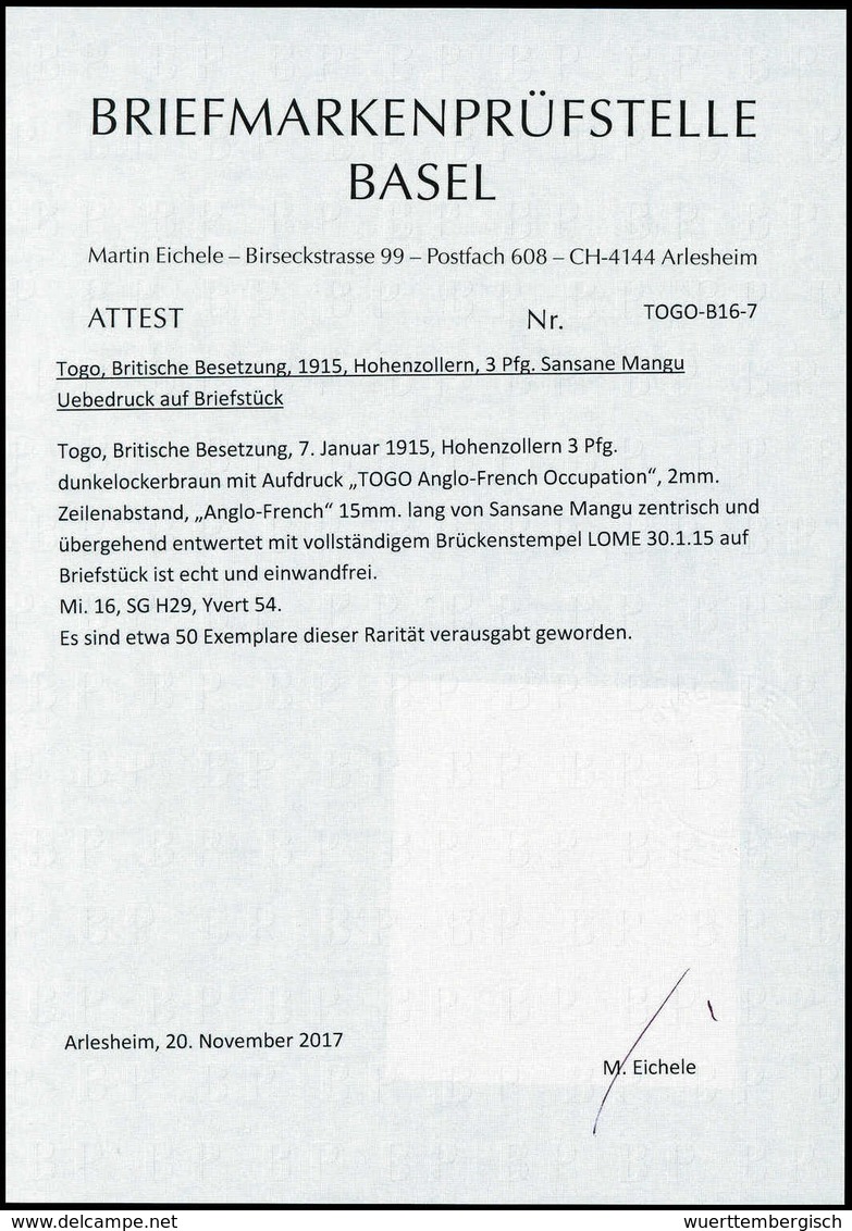 Briefst. 3 Pfg., Tadelloses, Besonders Schönes Bfstk. Mit Idealem Stempel LOME 30/1 15. Eine Seltenheit Der Britischen B - Other & Unclassified