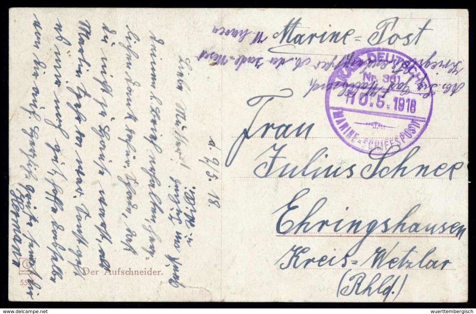 Beleg MSP Nr.361 (Kriegslotsendampfer "A" Der Jade) 10/5 18, Klar Auf Marine-Feldpostkarte (kl. Mgl.). - Autres & Non Classés