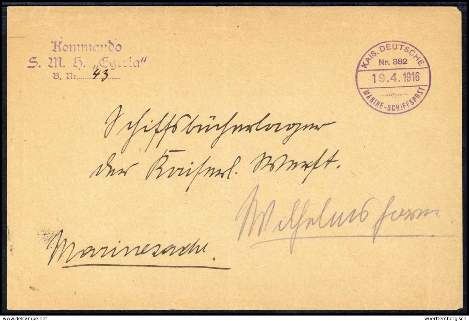 Beleg MSP Nr.382 (Hilfskriegsschiff "Egeria") 19/4 16, Klar Auf Schönem Kommandobrief Mit Abs.-L3. - Other & Unclassified