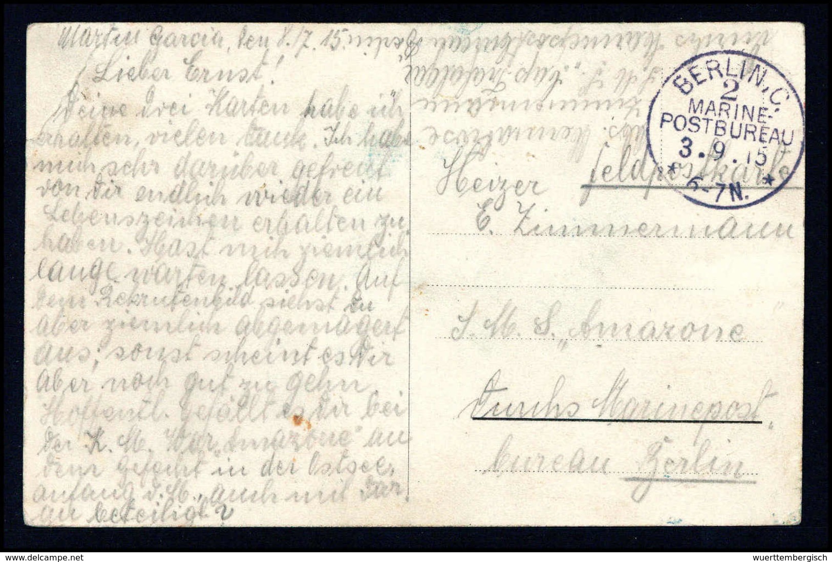 Beleg CAP TRAFALGAR, Postkarte Aus Argentinien, Datiert "Martin Garcia 8/7 15" Mit Stempel BERLIN C.2 MARINE-POSTBUREAU  - Altri & Non Classificati