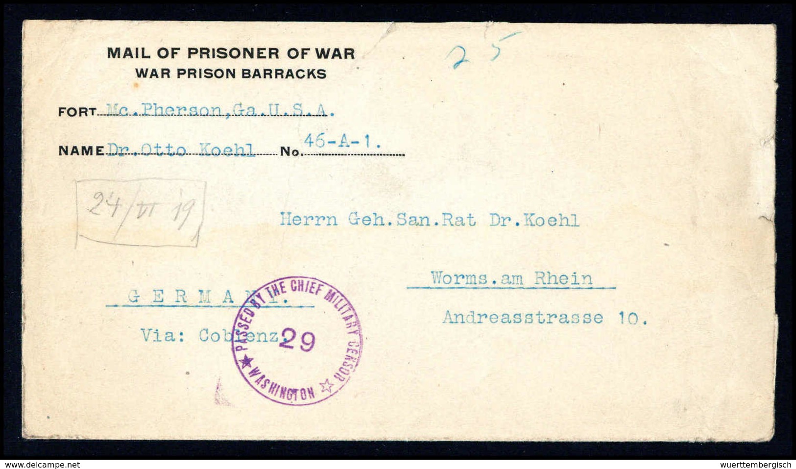 Beleg CORMORAN, Amerikanischer Vordruck-Umschlag Aus Fort McPherson Mit Zensurstempel Von Washington Und Britischer Durc - Other & Unclassified