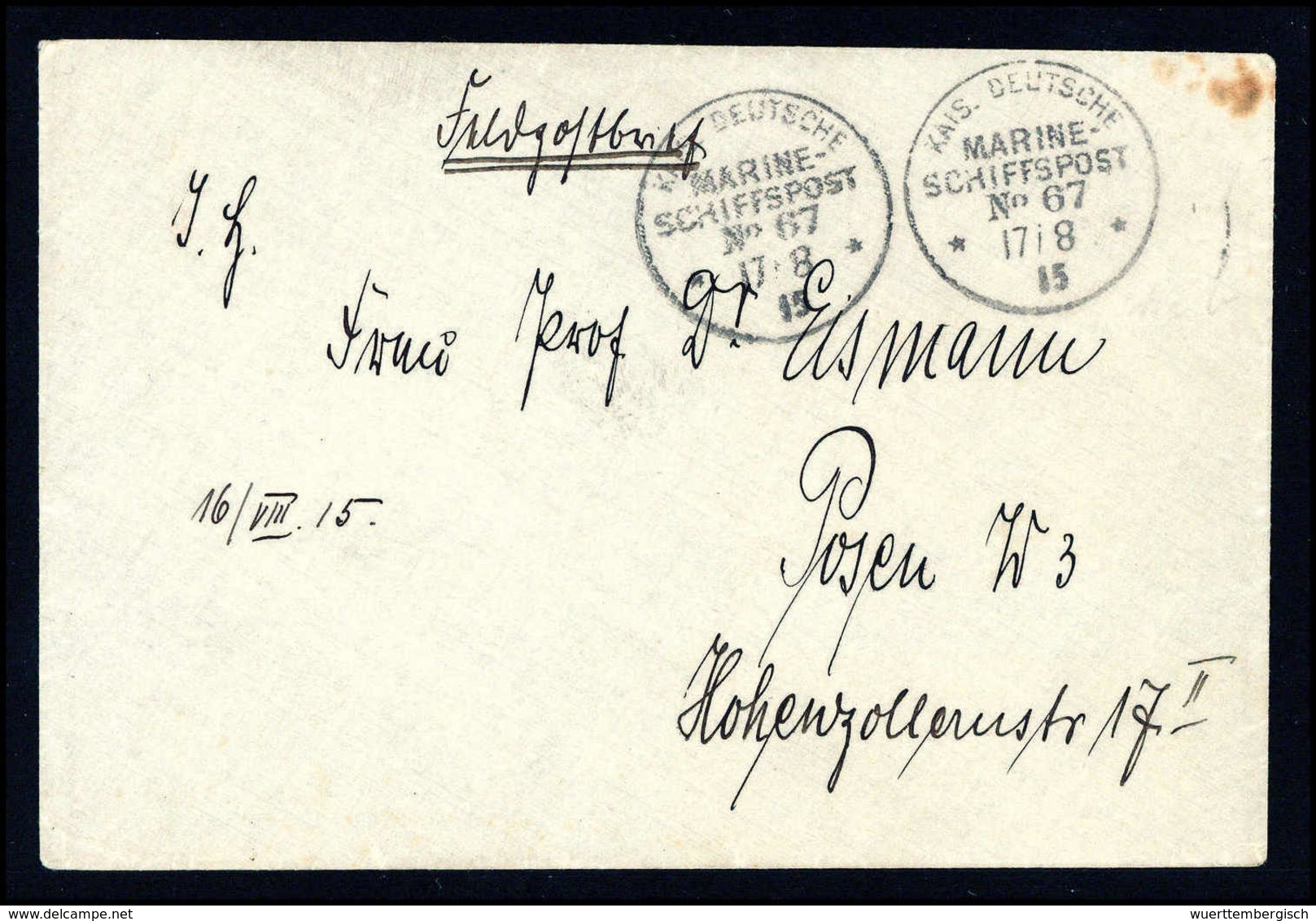 Beleg MSP No.67 ("Geier") 17/8 15, Zwei Klare Abschläge Auf Feldpostbrief Von I.Offizier Kurt Eismann Aus Honolulu. - Autres & Non Classés