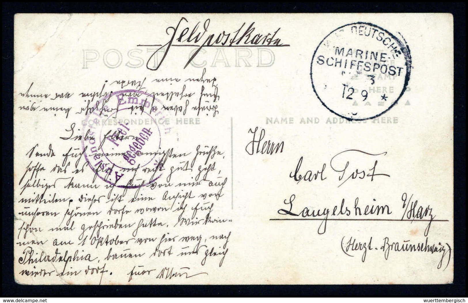 Beleg MSP No.3 ("Prinz Eitel Friedrich") 12/9 16, Seltene Feldpostkarte Aus Norfolk/USA (Eckbug) Mit Dt. Eingangszensur. - Autres & Non Classés