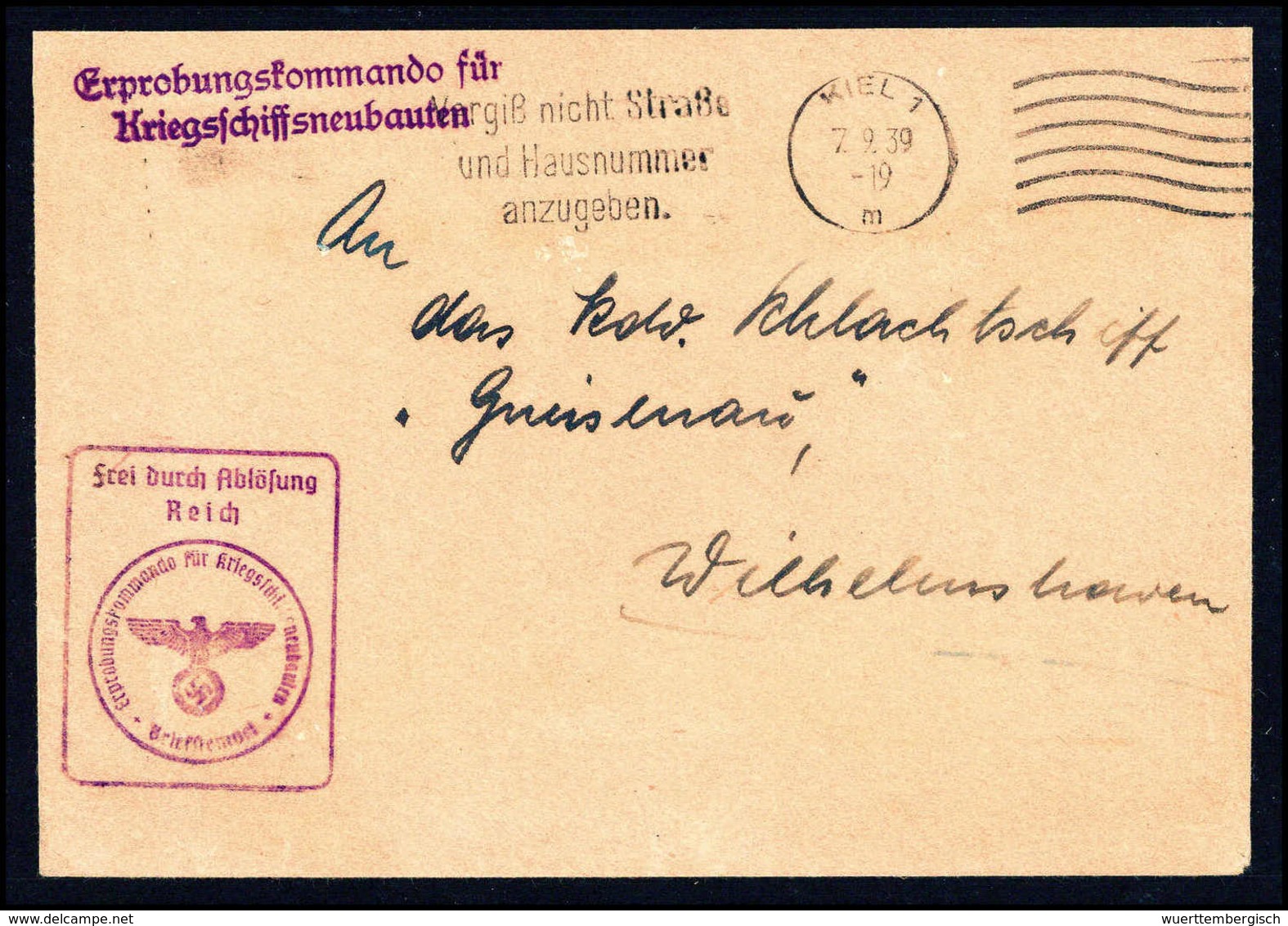 Beleg "An Das Kdo. Schlachtschiff Gneisenau", Seltener Brief Mit Stempel KIEL 7/9 39 Und L2 "Erprobungskommando Für Krie - Other & Unclassified