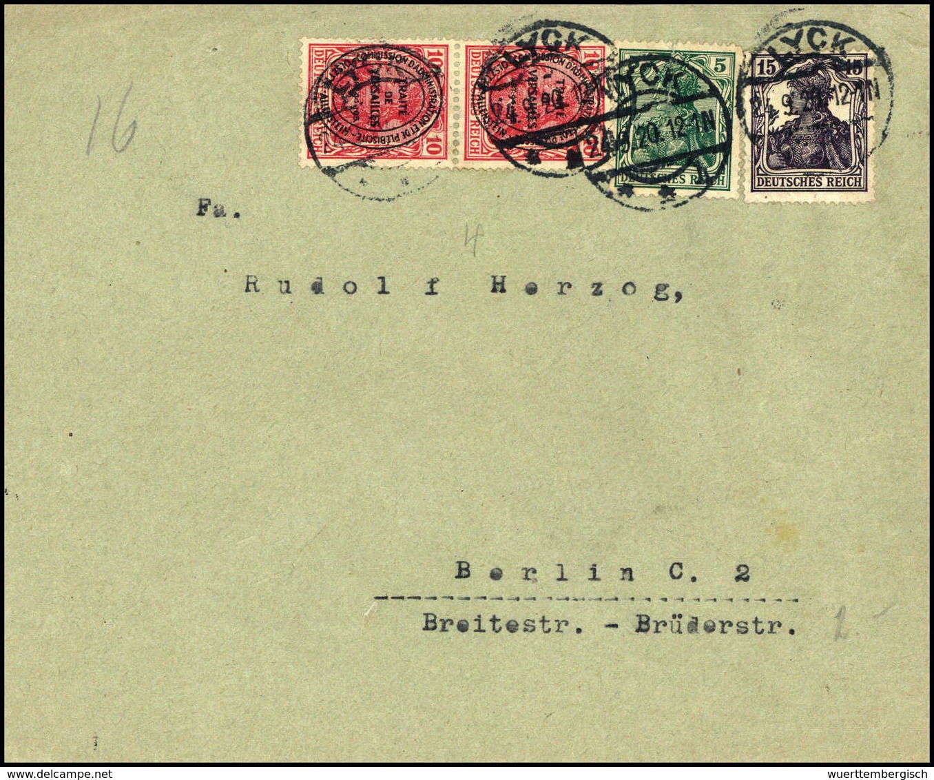 Beleg 10 Pfg., Senkr. Paar Mit DR 5 Und 15 Pfg. Auf Bedarfsbrief Mit Stempel LYCK 24/9 20 Nach Berlin. (Michel: 16(2),DR - Autres & Non Classés