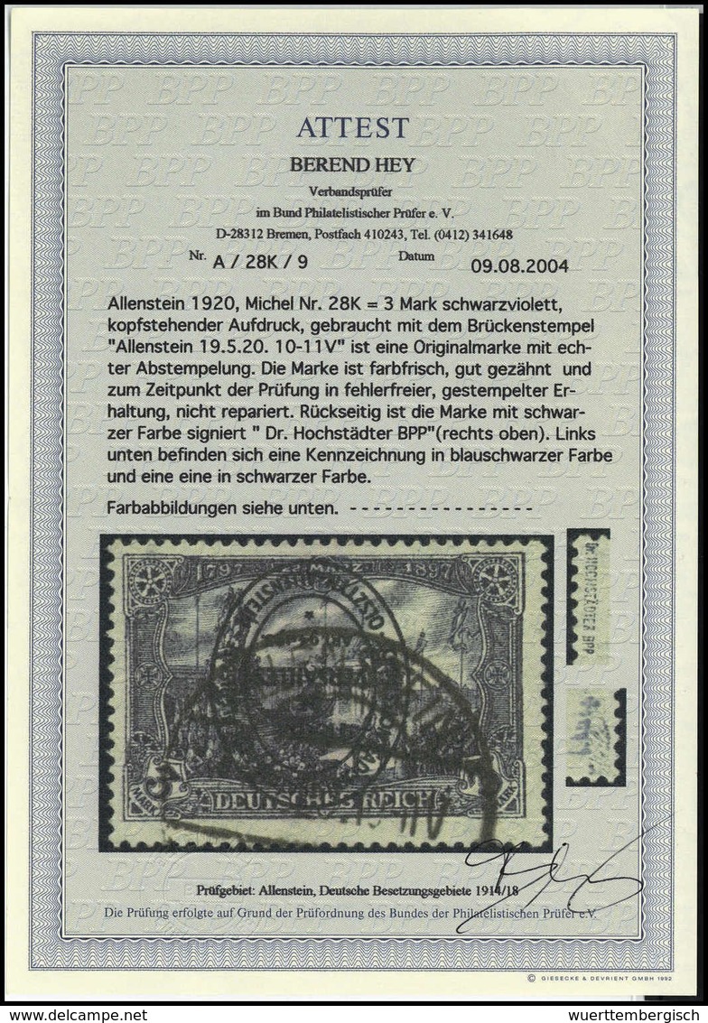 Gest. 3 Mk., Abart: Kopfstehender Aufdruck, Tadelloses Exemplar Mit Klarem Stempel ALLENSTEIN 19/5 20. Eine äußerst Selt - Altri & Non Classificati