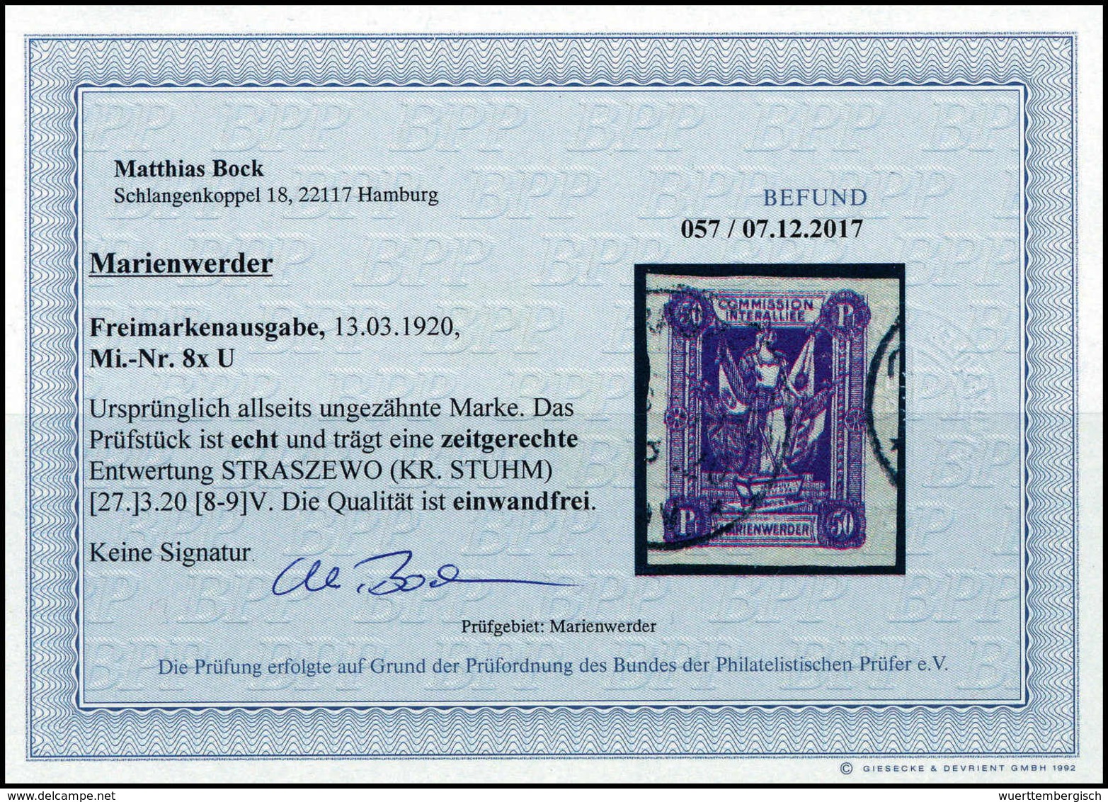 Gest. 50 Pfg., Abart: Ungezähnt, Tadelloses Exemplar Mit Ringsum Breiten Rändern Und Sauber Aufges. Stempel STRASZEWO. I - Autres & Non Classés