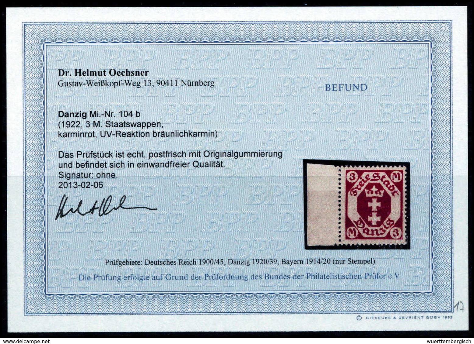 ** 3 Mk., Tadellos Postfr. Vom Li. Bogenrand, Fotobefund Oechsner BPP.<br/><b>Katalogpreis: 300,-</b> (Michel: 104b) - Other & Unclassified