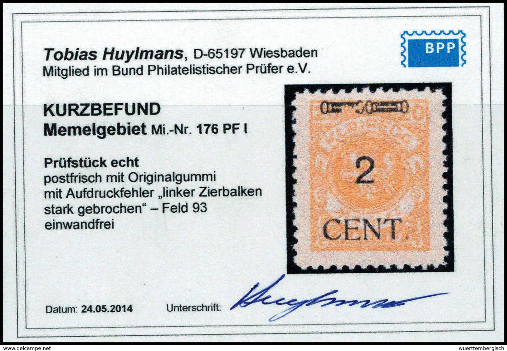 ** 2 C., Aufdruckfehler I, Tadellos Postfr., Fotobefund Huylmans BPP.<br/><b>Katalogpreis: 250,-</b> (Michel: 176PFI) - Sonstige & Ohne Zuordnung