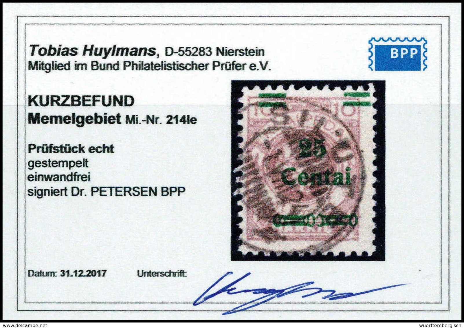 Gest. 25 C. A. 10 Mk., Tadellos Gestplt., Fotobefund Huylmans BPP.<br/><b>Katalogpreis: 150,-</b> (Michel: 214Ie) - Other & Unclassified