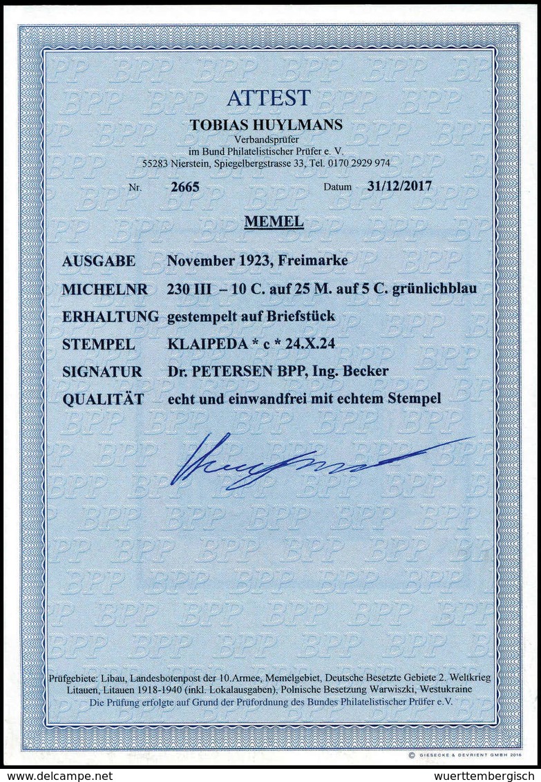 Briefst. 10 C., Aufdrucktype III, Tadelloses Bfstk., Fotoattest Huylmans BPP.<br/><b>Katalogpreis: 500,-</b> (Michel: 23 - Other & Unclassified