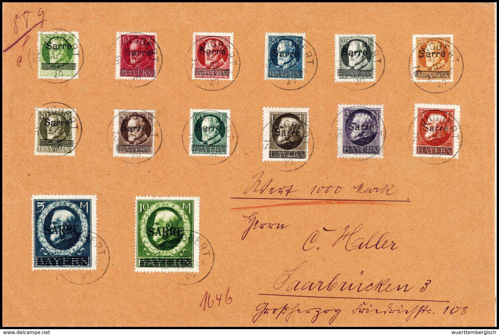 Beleg 5 Pfg.-10 Mk., Kpl. Serie Auf Schönem, Philat. Wertbrief über 1000 Mark Nach Saarbrücken, Sauber Aufges. Stempel S - Autres & Non Classés