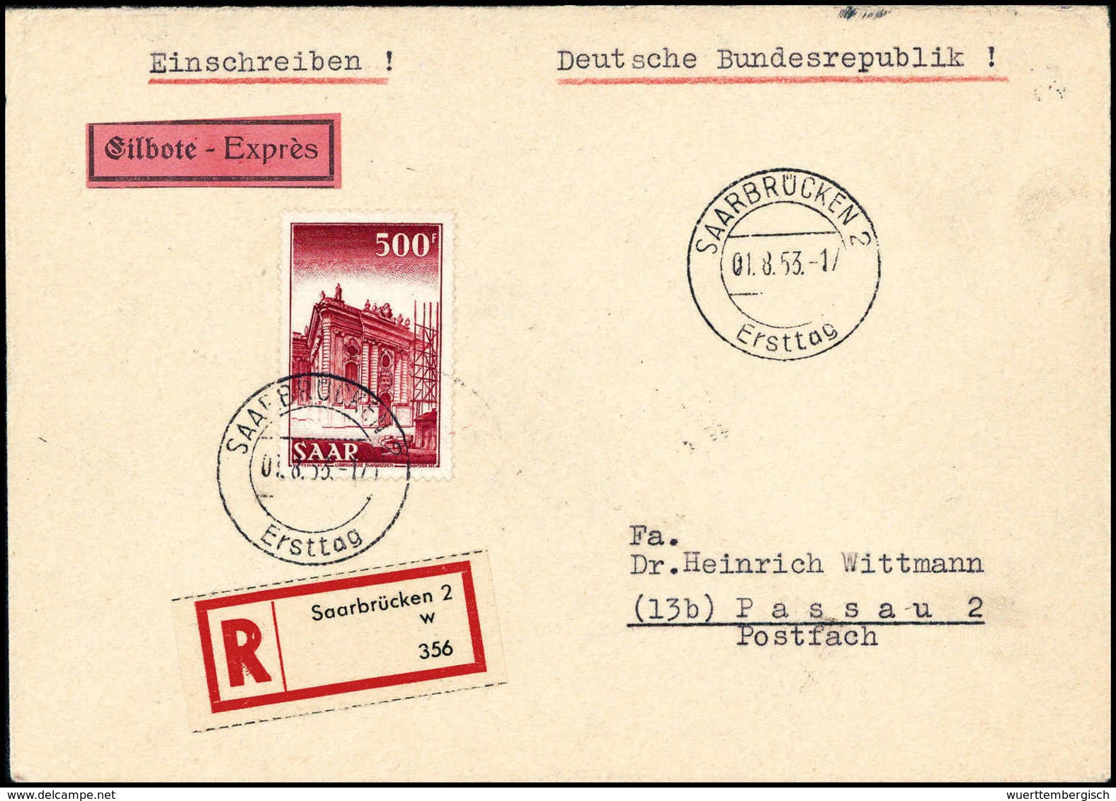 500 Fr., Tadelloser, Nach Passau Gelaufener Einschreibe-FDC Mit Stempel SAARBRÜCKEN 2 01.8.53.<br/><b>Katalogpreis: 600, - Autres & Non Classés